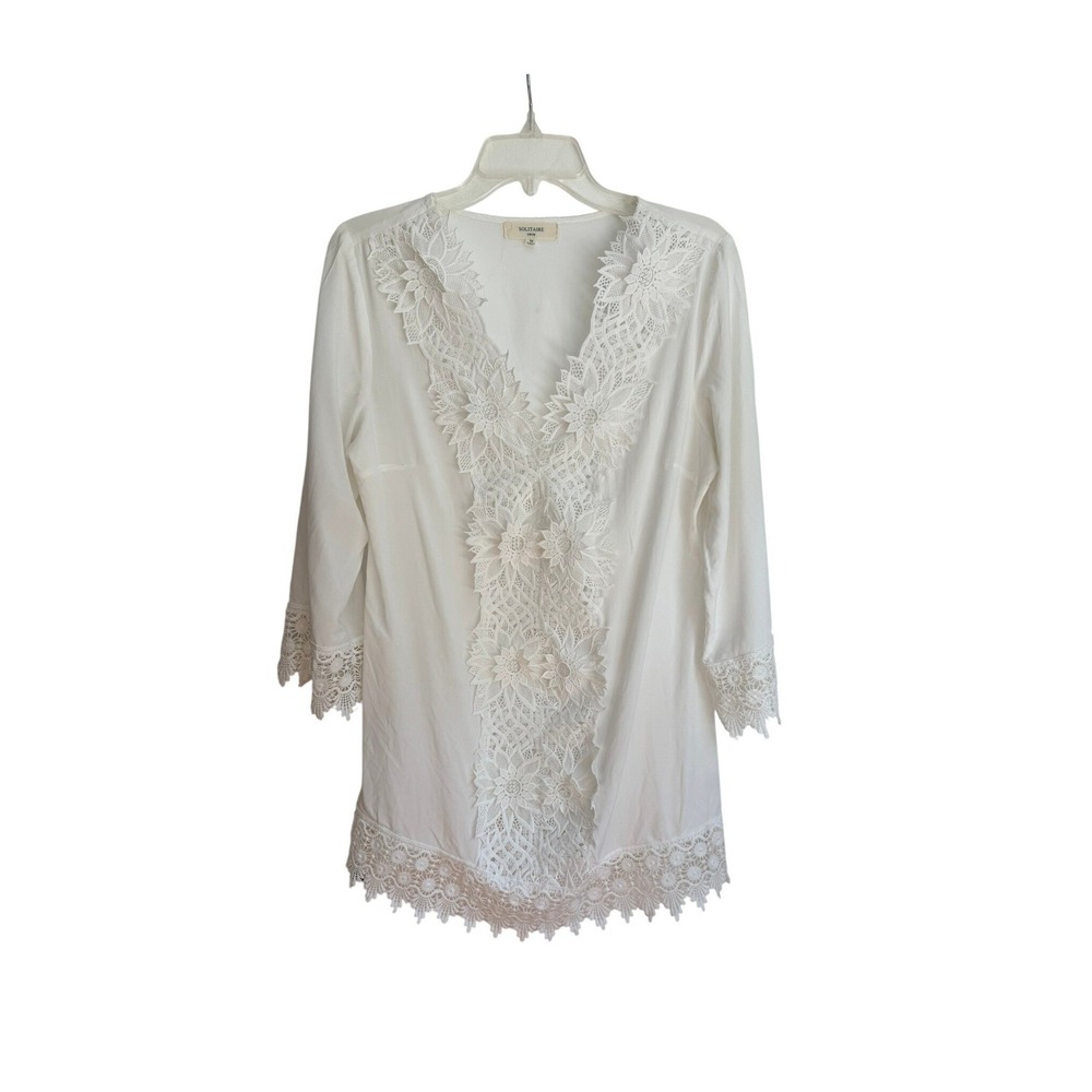 Solitaire Swim White Floral Crochet Lace V-Neck Tunic Beach Cover Up Medium